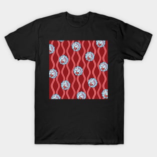 Traditional Japanese Floral Tatewaku Spring Flowers Pattern with Sakura Cherry Blossom, Camellia, and Wisteria in Red and Blue T-Shirt